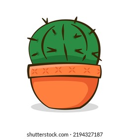 vector graphic illustration of a round prickly cute green cactus with an orange pot. Suitable for stickers, children's t-shirts, book stickers, fridge magnets, etc.