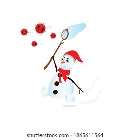 Vector graphic illustration of a running snowman catches the virus. Fit to place on website background design, banner design, snow toys, kid toys, toys store banner, social organization, etc