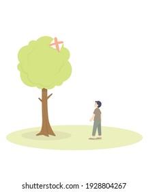 Vector Graphic Illustration Of A Sad Little Boy Seeing His Kite Stuck In A Tree