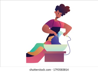Vector graphic illustration. Salon man is doing hair washing of a girl. Individually on a white background.	
