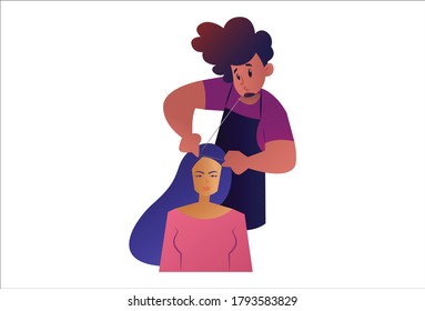 Vector graphic illustration. Salon man is doing threading on the girl's eyebrows. Individually on a white background.