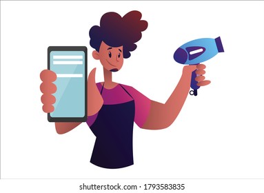 Vector graphic illustration. Salon man is holding a mobile phone and hairdryer in hand. Individually on a white background.