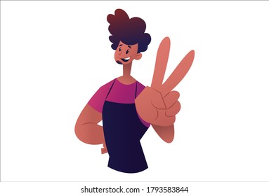 Vector graphic illustration. Salon man is happy and showing victory sign. Individually on a white background.