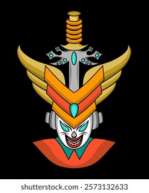 Vector graphic illustration of scary character mask and sword elements. Perfect for art themes, design projects, etc.