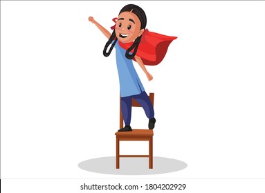 Vector graphic illustration. School girl is standing on the chair and wearing a superhero cape. Individually on white background.