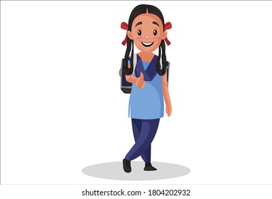 Vector graphic illustration. School girl is showing thumbs up sign. Individually on white background.