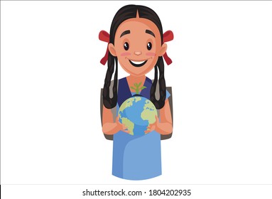 Vector graphic illustration. School girl is holding the globe in hands. Individually on white background.