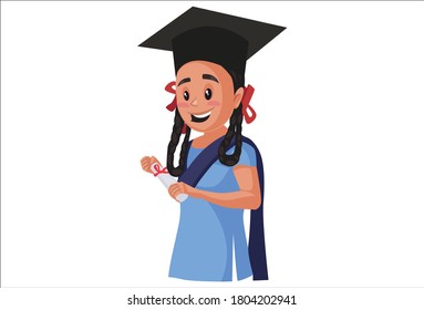 Vector graphic illustration. School girl is wearing a cap and holding a certificate in hand. Individually on white background.