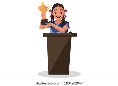 Vector graphic illustration. School girl is standing on a stage and showing a trophy. Individually on white background.