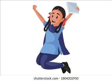 Vector graphic illustration. School girl is holding a notebook in hand and jumping. Individually on white background.