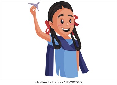 Vector graphic illustration. School girl is holding flying a paper plane. Individually on white background.