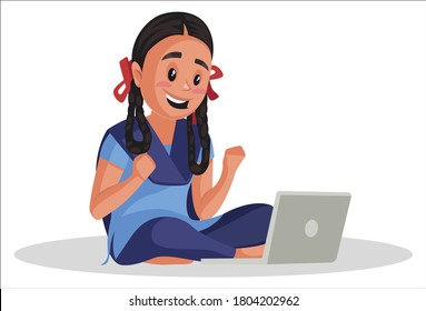 Vector graphic illustration. School girl is playing games on a laptop. Individually on white background.