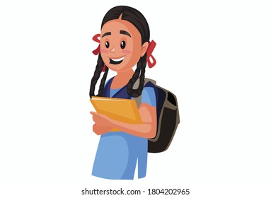 Vector graphic illustration. School girl is wearing a bag and holding books in her hands. Individually on white background.