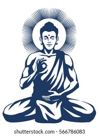 Vector graphic illustration of a seated Buddha, meditating in the lotus position