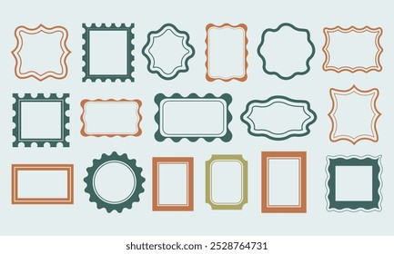  vector graphic illustration of a set of different rectangle frames with wavy edges. There are various shapes, sizes, and colors of the frames. Each frame is empty