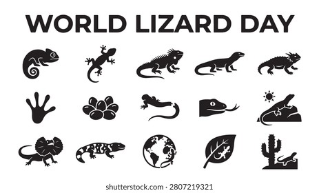 Vector graphic illustration set featuring various black silhouettes of lizards and reptiles designed for world lizard day celebration showcasing diverse species like chameleons and iguanas alongside natural elements like leaves and cacti in a clean minimalist style suitable for educational posters or digital media design projects today.