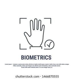 Vector graphic illustration. Set line icons. Palm print Identification. Outline design. Biometrics authorization. Person Recognition key. Digital access system. Cyber security. Web Sign, symbol.