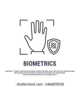Vector graphic illustration. Set line icons. Palm print Identification. Outline design. Biometrics authorization. Person Recognition key. Digital access system. Cyber security. Web Sign, symbol.