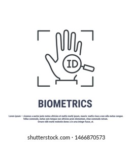 Vector graphic illustration. Set line icons. Palm print Identification. Outline design. Biometrics authorization. Person Recognition key. Digital access system. Cyber security. Web Sign, symbol.