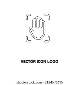 Vector graphic illustration. Set line icons. Palm print Identification. Outline design. Biometrics authorization. Person Recognition key. Digital access system. Cyber security. Web Sign, symbol.