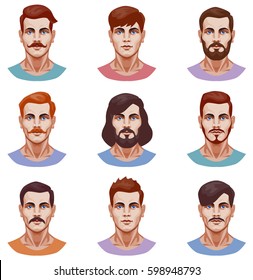 vector graphic illustration of a set of male portraits,
with different types of hairstyles and beards. front view