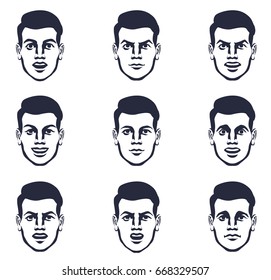 Vector graphic illustration -
A set of male portraits with the expression of different emotions:
surprise; anger; Rage; happiness; serenity; horror; disgust; Disappointment; grief.
Front view.