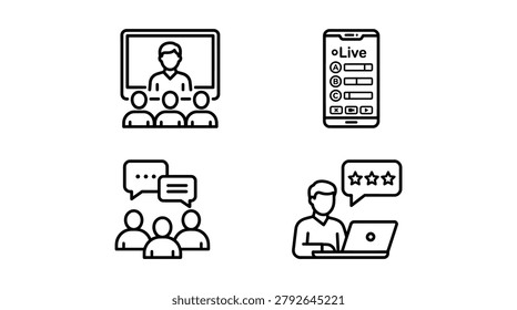 Vector graphic illustration Set of online education and digital communication line icons featuring video lecture remote meeting chat bubble and customer feedback review on laptop