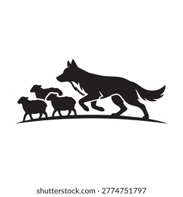 Vector graphic illustration of sheepdog running and herding group of sheep on white background for farm logo