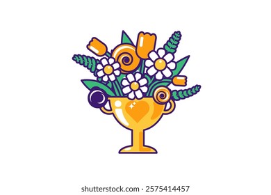 Vector graphic illustration of shiny bouquet of flowers in a vibrant palette in stroked cartoon style. The bouquet is housed within a golden cup. Delightful mix of flowers and green leaves. Present fo