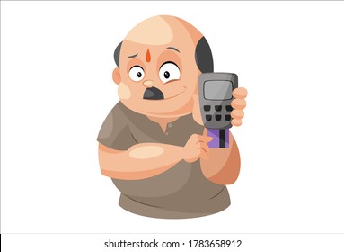 Vector graphic illustration. Shopkeeper is swapping card in machine. Individually on a white background.	