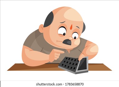 Vector graphic illustration. Shopkeeper is working on calculator. Individually on a white background.