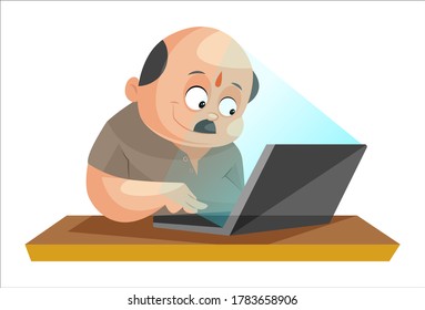 Vektorgrafik. Shopkeeper arbeitet an Laptops. Individuell auf weißem Hintergrund.