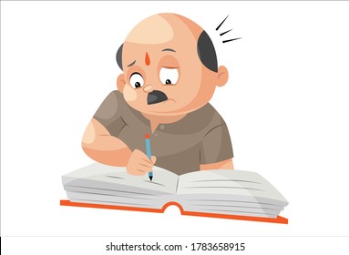 Vector graphic illustration. Shopkeeper is writing with pen on notebook. Individually on a white background.	