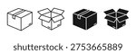 A vector graphic illustration showing four states of a cardboard box: closed and sealed, open, closed and filled, and open and filled, depicted in a simple yet clear design, ideal for use in logistics and shipping contexts.