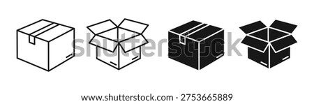 A vector graphic illustration showing four states of a cardboard box: closed and sealed, open, closed and filled, and open and filled, depicted in a simple yet clear design, ideal for use in logistics and shipping contexts.