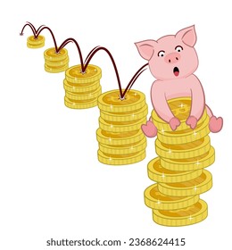 Vector Graphic Illustration Showing Increasing Financial Growth Until the Piggy Bank Struggles to Contain the Growing Stack of Money