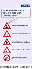 Vector graphic illustration with Signs and Text: "Verhaltensregeln zum Schutz vor Coronavirus", (german for: Coronavirus protection rules of conduct).