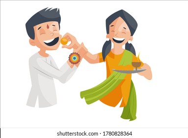 Vector graphic illustration. Sister is eating sweets to her brother on Raksha Bandhan. Individually on a white background.	