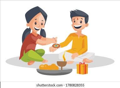 Vector graphic illustration. Sister is tying rakhi to his brother. Individually on a white background.	