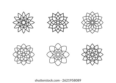 Ilustración gráfica de Vector de seis diferentes diseños geométricos florales mandala en contorno negro