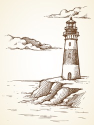 Vector Graphic Illustration. Sketch Landscape Of The Sea And A Lighthouse.
