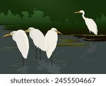 Vector graphic illustration of small flock of egrets on the river