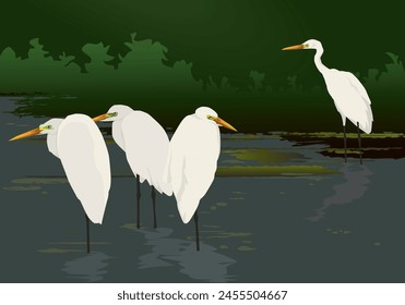 Ilustración gráfica del Vector de la Pequeña manada de garzas en el río