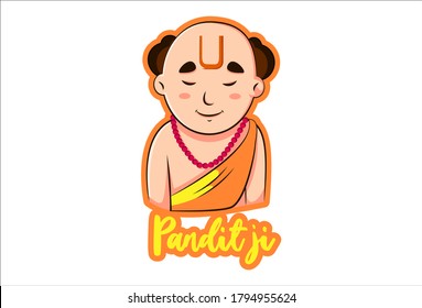 Vector graphic illustration of a smiling priest. Lettering text - Pandit Ji. Individually on white background.