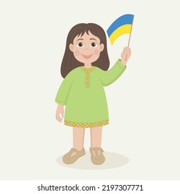 Vector graphic illustration with smiling ukrainian girl. She is wearing a green dress and holding an Ukrainian flag in her hand