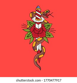 Vector graphic illustration, snake coiled around sword, suitable for design of t-shirts, clothes, tattoos, hoodies, logos and more
