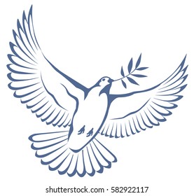 Vector graphic illustration of a soaring bird of a dove with spread wings and an olive branch