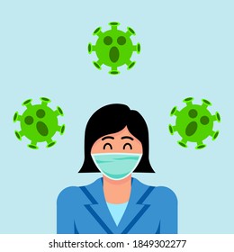 ilustración gráfica vectorial de alguien que usa una máscara y el virus covid-19, perfecto para la promoción de COVID-19, higiene, uso de una máscara, educación, etc.