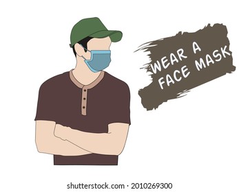 Vector graphic illustration of someone wearing a face mask. Illustrative display of the theme of the text "wear a face mask".