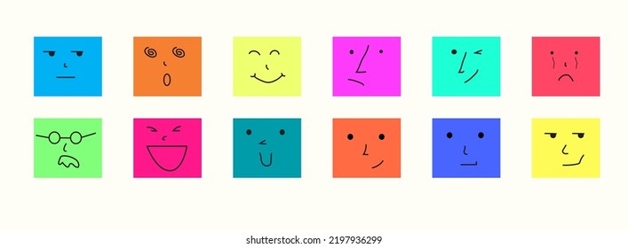 Vector graphic illustration of a square cartoon face. Expressive eyes and mouth, smiling, crying and cynical character facial expressions. Emotion comic caricature or doodle emoticon. Isolated vector 